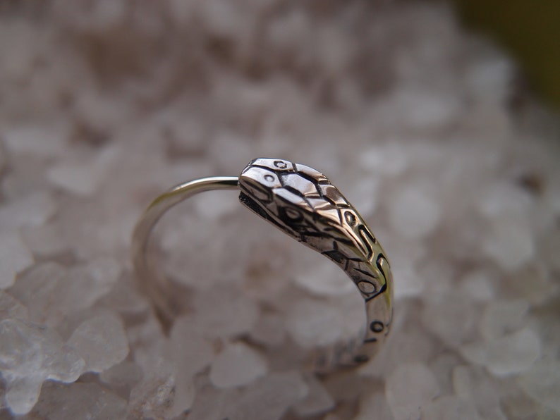 May include: A silver snake ring featuring a detailed snake head design. The ring is made from sterling silver and is a striking statement piece.