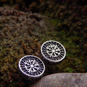 Peut inclure: Deux boucles d'oreilles rondes argentées avec un motif de flocon de neige noir. Les boucles d'oreilles sont incrustées de petites pierres noires autour du flocon de neige et sur le bord extérieur. Le fond est une surface floue et moussue.