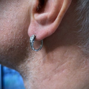 May include: Silver hoop earrings with a textured snake design.