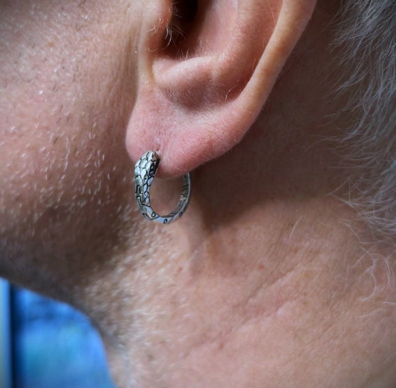 May include: Silver hoop earrings with a textured snake design.