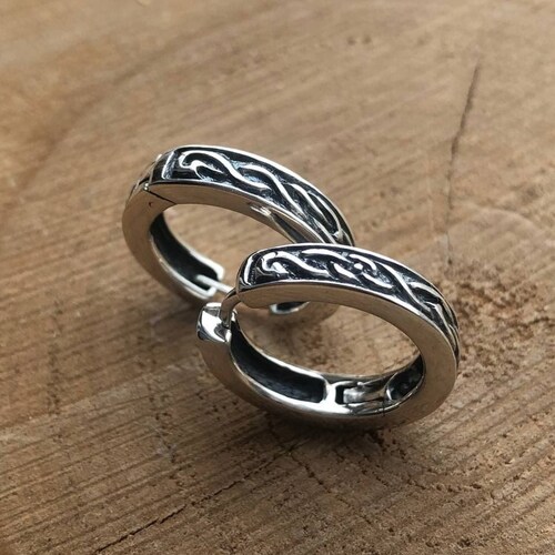 Pair of Celtic shops Viking Nordic Statement hoop earrings unisex silver hoops