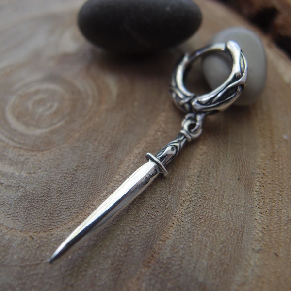 Sterling Silver Sword Dangle Hoop Earring:Nordic Viking Huggie (NO EXTRa FEES for US)