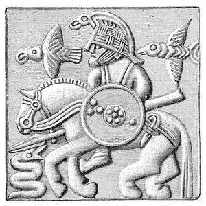 May include: A black and white illustration of a warrior on horseback. The warrior is wearing a helmet and holding a shield. The horse is decorated with a pattern of dots. The warrior is facing right and the horse is facing left.