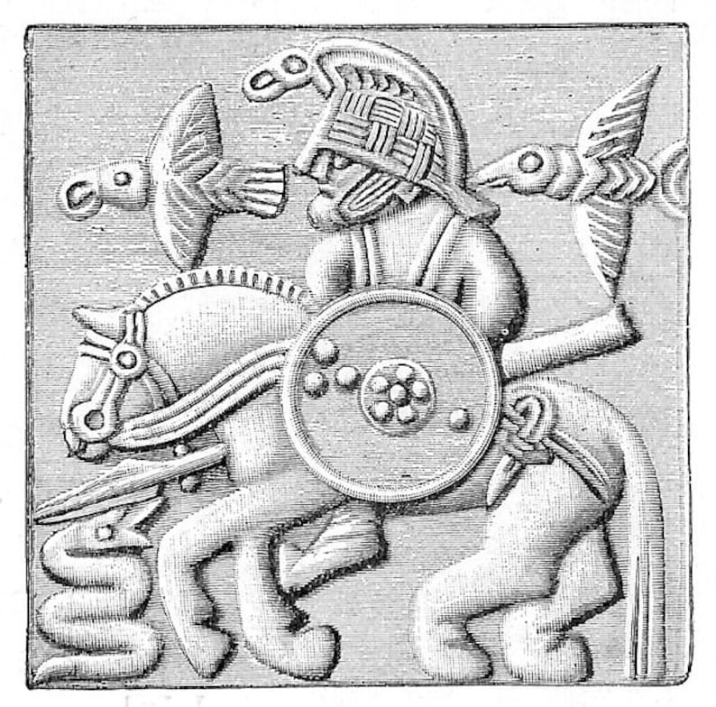 May include: A black and white illustration of a warrior on horseback. The warrior is wearing a helmet and holding a shield. The horse is decorated with a pattern of dots. The warrior is facing right and the horse is facing left.