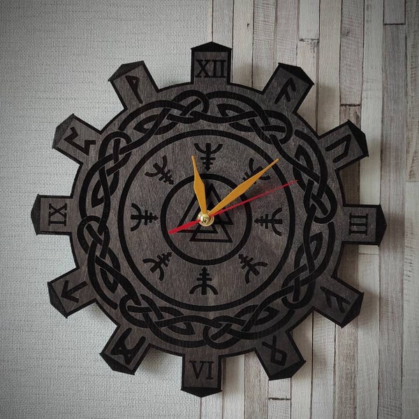 Viking Wooden Wall Clock with Runes FREE SHIPPING Helm of Awe Aegishjalmr VALKNUT