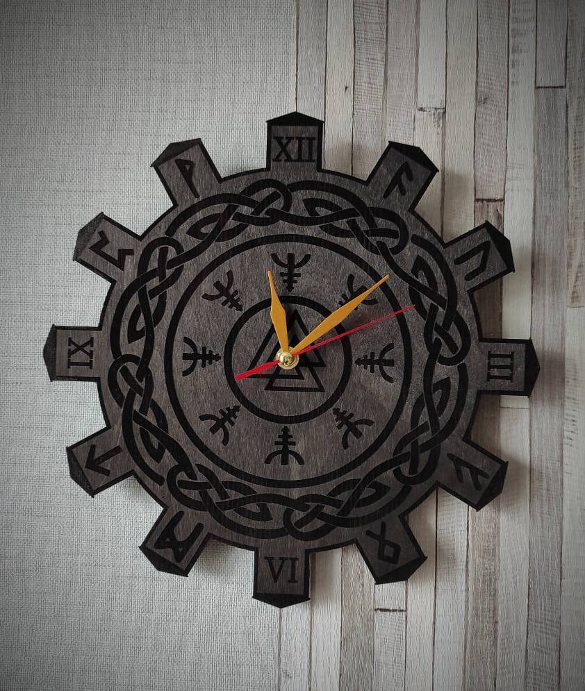Viking Wooden Wall Clock With Runes FREE SHIPPING Helm of Awe - Etsy