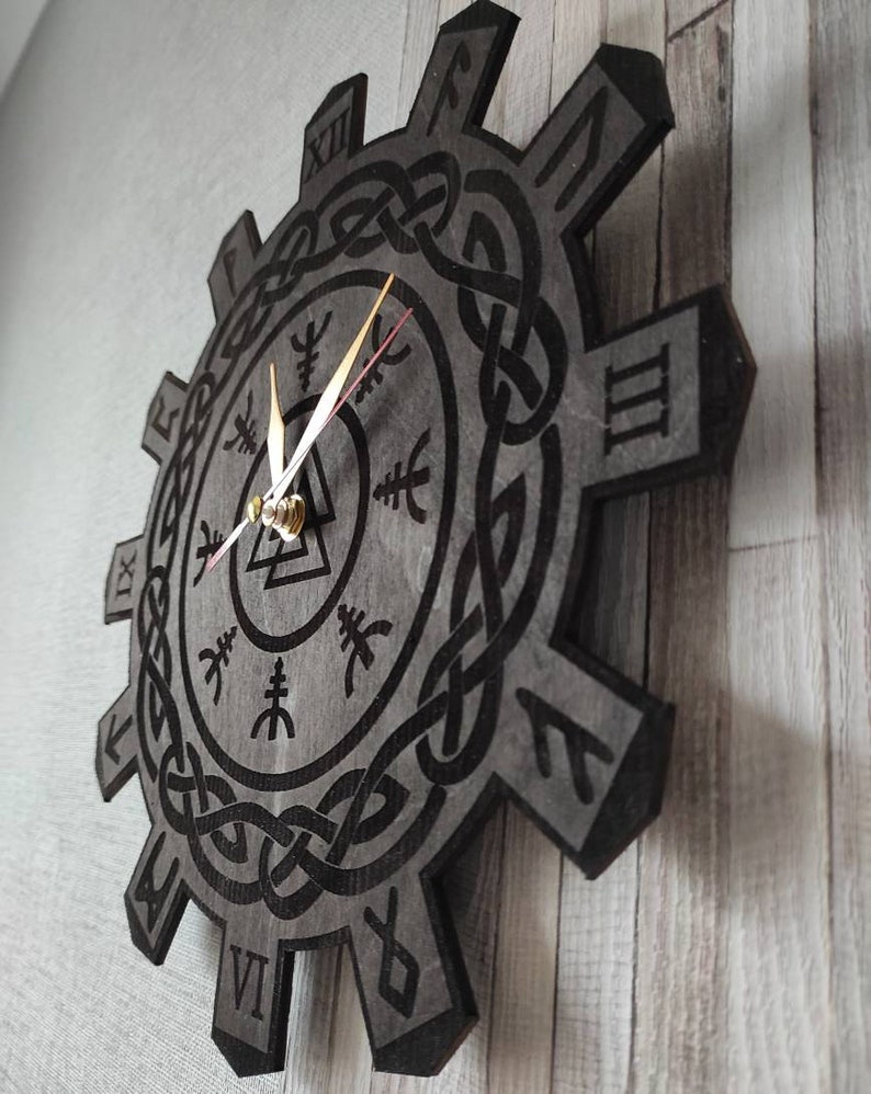 Viking Wooden Wall Clock With Runes FREE SHIPPING Helm of Awe - Etsy