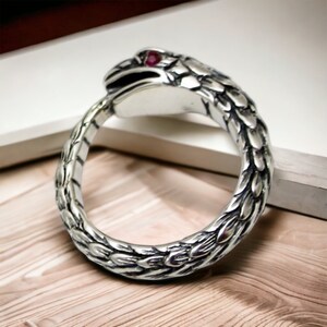 May include: A silver snake ring with a red gemstone eye. The snake is coiled and the scales are detailed.