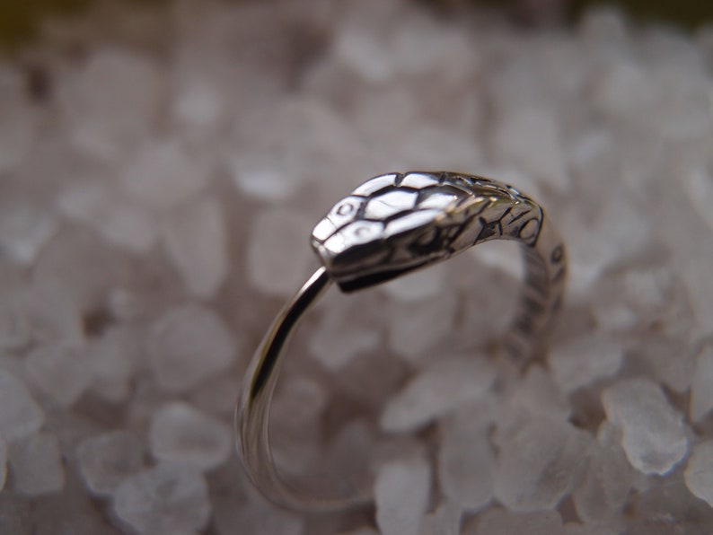 May include: A silver snake ring with a detailed snake head design. The ring is open and has a simple band.
