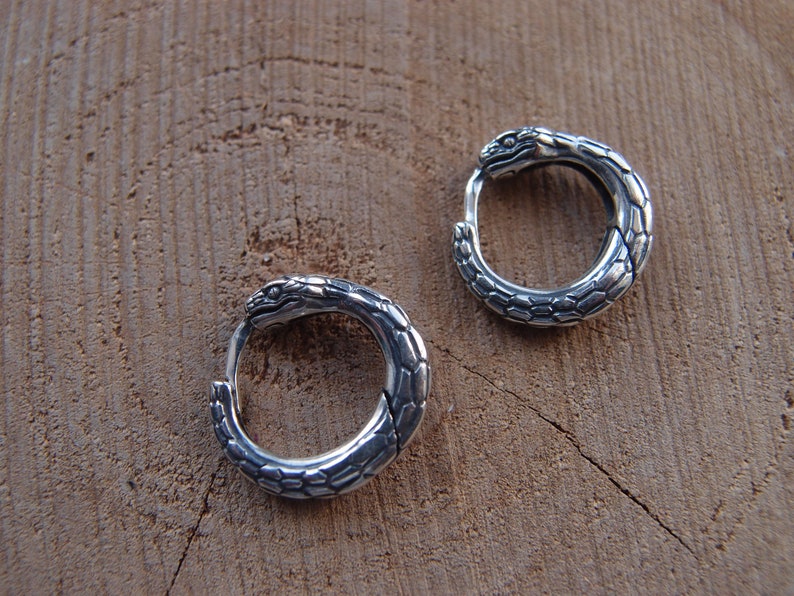 Puede incluir: Un par de pendientes de aro de plata con un dise&ntilde;o de cabeza de serpiente. Los pendientes est&aacute;n hechos de metal y tienen una superficie texturizada.