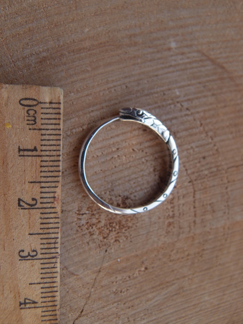 May include: Silver hoop earrings featuring a snake design. The snake is detailed with scales and has a textured finish.
