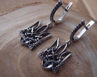 Ukrainian Tryzub Trident Sterling Silver Earrings with Cossack Swords