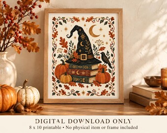 Lámina decorativa imprimible de sombrero de bruja de Halloween, arte popular escandinavo, descarga digital de 8x10 pulgadas.