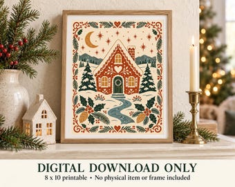 Lámina decorativa imprimible de una casa de jengibre navideña, arte popular escandinavo, descarga digital de 8x10 pulgadas.