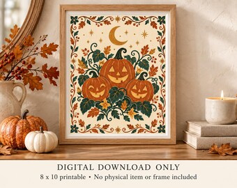 Lámina decorativa imprimible de calabaza de Halloween, arte popular escandinavo, descarga digital de 8x10 pulgadas.