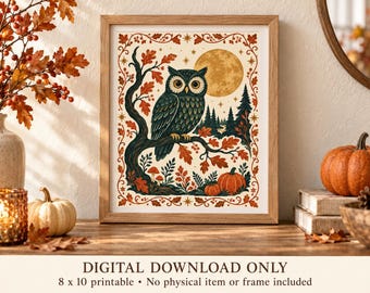 Lámina decorativa imprimible de búho de Halloween, arte popular escandinavo, descarga digital de 8x10 pulgadas.