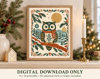 Lámina decorativa imprimible de búho navideño para pared, arte popular escandinavo, descarga digital de 8x10 pulgadas.