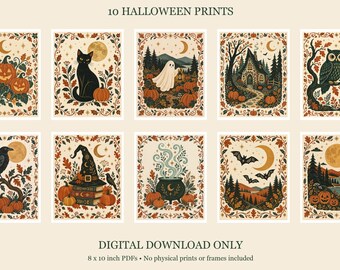 Juego de 10 láminas imprimibles de arte mural de Halloween, arte folclórico escandinavo, descargas digitales de 8x10 pulgadas.