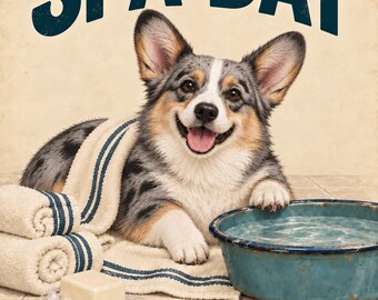 Día de spa - Lámina decorativa de baño con diseño de Corgi vaquero Blue Merle, imprimible de 8x10 pulgadas, 3 versiones.