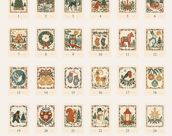 Scandinavian Printable Advent Calendar, 24 Numbered Christmas Cards, Nordic Folk Art, PDF & PNG Download