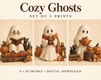 Cozy Ghosts Wall Art Bundle, Set of 3 Carved Wood Style Halloween Prints, 8x10 Digital Download
