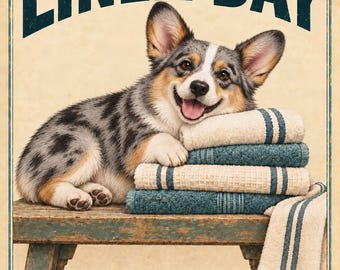Día de la Ropa Blanca - Arte para la lavandería con un Corgi vaquero Blue Merle, imprimible de 8x10 pulgadas, 3 versiones