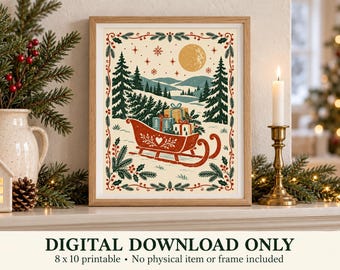 Lámina decorativa imprimible de trineo navideño, arte popular escandinavo, descarga digital de 8x10 pulgadas.