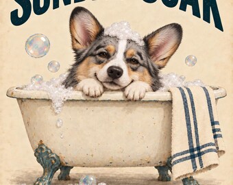 Baño de domingo - Lámina decorativa de baño con diseño de Corgi vaquero Blue Merle, imprimible de 8x10 pulgadas, 3 versiones