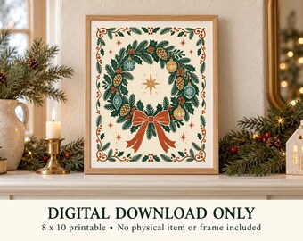 Decoración de pared imprimible con diseño de corona navideña, arte popular escandinavo, descarga digital de 8x10 pulgadas.