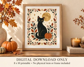 Lámina decorativa imprimible de gato negro para Halloween, arte popular escandinavo, descarga digital de 8x10 pulgadas.