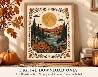Lámina decorativa imprimible "Luna de Cosecha", arte popular escandinavo, descarga digital de 8x10 pulgadas.