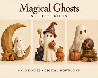 Magical Ghosts Wall Art Bundle, Set of 3 Carved Wood Style Halloween Prints, 8x10 Digital Download
