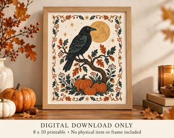 Lámina decorativa imprimible de Halloween con cuervo y luna, arte popular escandinavo, descarga digital de 8x10 pulgadas.