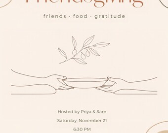 Boho Friendsgiving Invitation Bundle, Minimalist Line Art Canva Invite, Menu Card & Phone Evite, Terracotta Thanksgiving Template