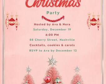Holly Jolly Christmas Party Invitation Template Bundle, Pink Retro Editable Canva Invite, Menu Card & Phone Evite, Holiday Printable