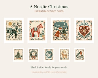 Scandinavian Christmas Cards Printable Bundle, 20 Nordic Folk Art Designs, Blank Inside, Folded A2 Cards, US Letter & A4 PDF