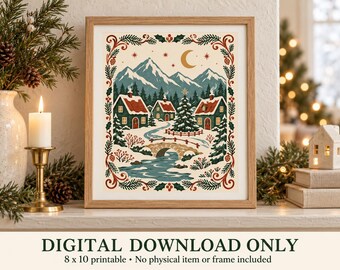 Lámina decorativa imprimible de un pueblo navideño, arte popular escandinavo, descarga digital de 8x10 pulgadas.