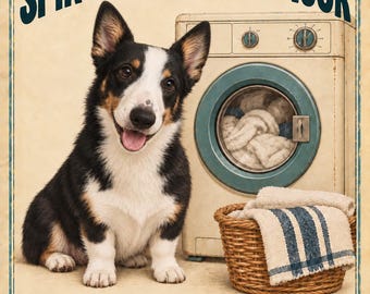 Supervisor de ciclo de centrifugado - Arte de lavandería con corgi vaquero negro y marrón, imprimible de 8x10, 3 versiones