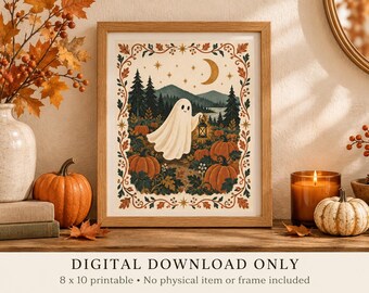 Lámina decorativa imprimible de fantasmas de Halloween, arte popular escandinavo, descarga digital de 8x10 pulgadas.