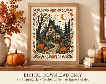 Lámina decorativa imprimible de casa encantada de Halloween, arte folclórico escandinavo, descarga digital de 8x10 pulgadas.