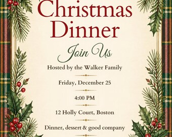 Christmas Dinner Invitation Template Bundle, Tartan Plaid Editable Canva Invite, Dinner Menu Card & Phone Evite, Holiday Dinner Printable