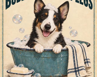Burbujas y patas cortas - Arte para baño con un corgi vaquero negro y marrón, imprimible de 8x10, 3 versiones