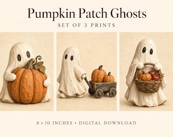 Pumpkin Patch Ghosts Wall Art Bundle, Set of 3 Carved Wood Style Halloween Prints, 8x10 Digital Download