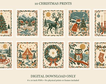 Juego de 10 láminas navideñas imprimibles para pared, arte folclórico escandinavo, descargas digitales de 8x10 pulgadas.