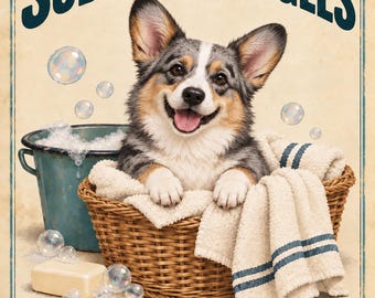 Jabón y mimos - Arte para lavandería con un corgi vaquero merle azul, imprimible de 8x10 pulgadas, 3 versiones