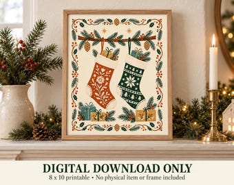 Lámina decorativa imprimible con diseño de calcetín navideño, arte popular escandinavo, descarga digital de 8x10 pulgadas.