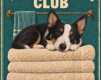 Warm Towel Club - Lámina decorativa para lavandería con diseño de corgi vaquero negro y marrón, imprimible de 8x10 pulgadas, 3 versiones.
