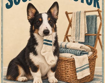 Inspector de calcetines - Arte de lavandería con corgi vaquero negro y marrón, imprimible de 8x10, 3 versiones