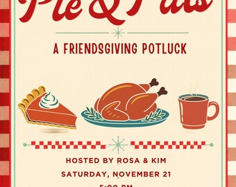 Retro Diner Friendsgiving Invitation Bundle, Pie Potluck Canva Invite, Menu Card & Phone Evite, Gingham Thanksgiving Template