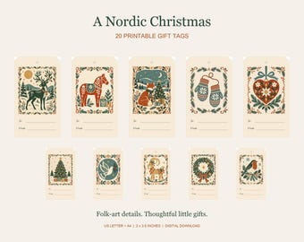 Scandinavian Christmas Gift Tags Printable, 20 Nordic Folk Art Designs, To From Tags, US Letter & A4 PDF, Holiday Gift Wrap